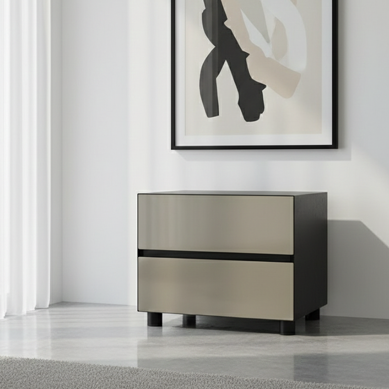 Dark-Tone Modern Minimalist Nightstand with Symmetrical Dual Drawers – Lacquered Finish Bedside Table for the Bedroom
