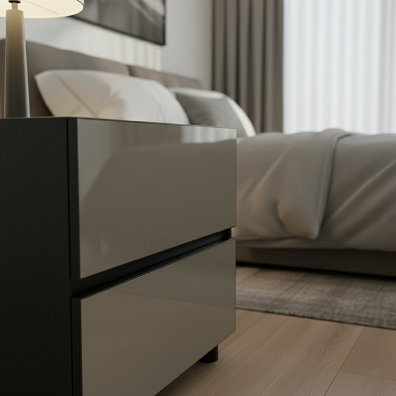 Dark-Tone Modern Minimalist Nightstand with Symmetrical Dual Drawers – Lacquered Finish Bedside Table for the Bedroom