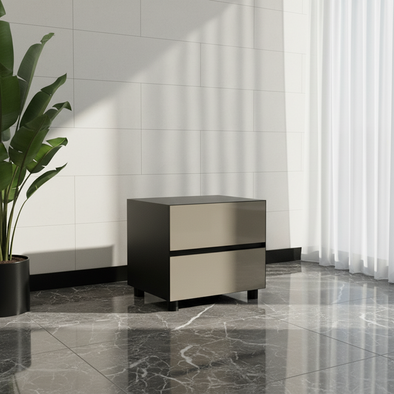 Dark-Tone Modern Minimalist Nightstand with Symmetrical Dual Drawers – Lacquered Finish Bedside Table for the Bedroom