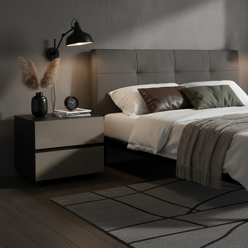 Dark-Tone Modern Minimalist Nightstand with Symmetrical Dual Drawers – Lacquered Finish Bedside Table for the Bedroom