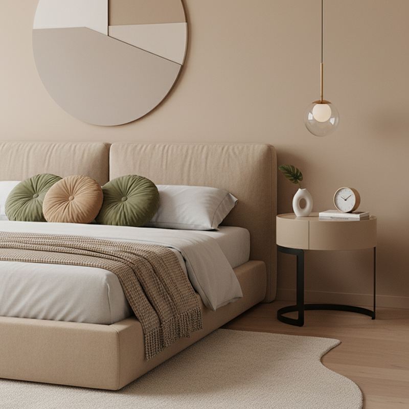 Luxurious Modern French-Cream Nightstand with a Single Drawer – Beige Lacquer Finish, Floating Bedside Storage Table