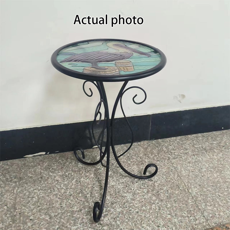 Traditional European Round Iron Side Table with Heat-Sealed Glass Top for Outdoor Patio & Living Room