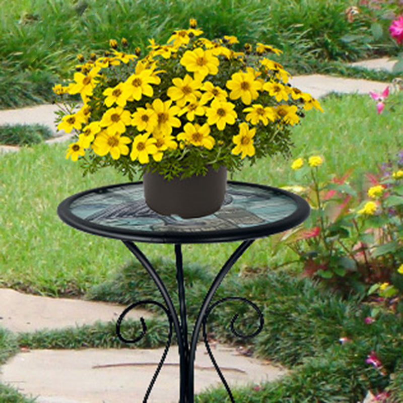 Traditional European Round Iron Side Table with Heat-Sealed Glass Top for Outdoor Patio & Living Room