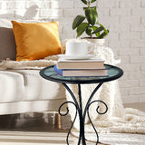 Traditional European Round Iron Side Table with Heat-Sealed Glass Top for Outdoor Patio & Living Room