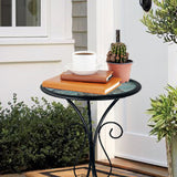 Traditional European Round Iron Side Table with Heat-Sealed Glass Top for Outdoor Patio & Living Room