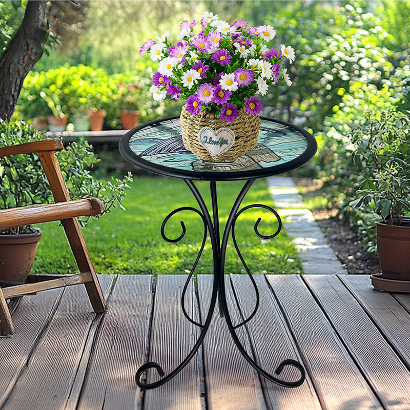Traditional European Round Iron Side Table with Heat-Sealed Glass Top for Outdoor Patio & Living Room