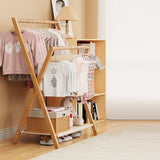 Modern Scandinavian Rectangular X-Shaped Natural Nan Bamboo Foldable Kids Hall Tree, 3-Tier Storage for Bedroom