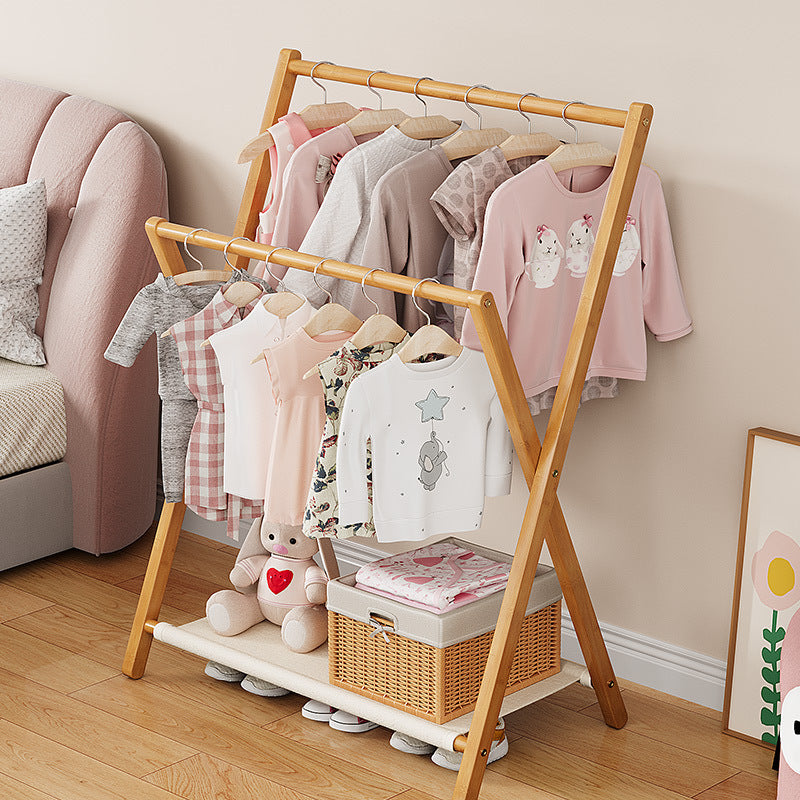 Modern Scandinavian Rectangular X-Shaped Natural Nan Bamboo Foldable Kids Hall Tree, 3-Tier Storage for Bedroom