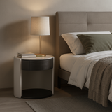 Modern Luxury Round Veneered Nightstand with Solid Wood Texture – Curved Bedside Table with One Drawer for Bedroom