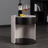 Modern Luxury Round Veneered Nightstand with Solid Wood Texture – Curved Bedside Table with One Drawer for Bedroom
