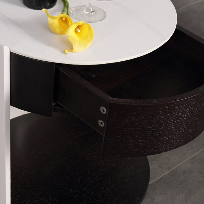 Modern Luxury Round Veneered Nightstand with Solid Wood Texture – Curved Bedside Table with One Drawer for Bedroom