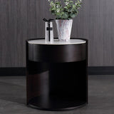 Modern Luxury Round Veneered Nightstand with Solid Wood Texture – Curved Bedside Table with One Drawer for Bedroom