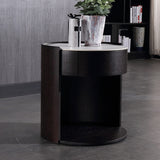 Modern Luxury Round Veneered Nightstand with Solid Wood Texture – Curved Bedside Table with One Drawer for Bedroom