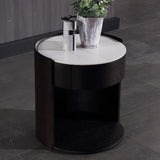 Modern Luxury Round Veneered Nightstand with Solid Wood Texture – Curved Bedside Table with One Drawer for Bedroom