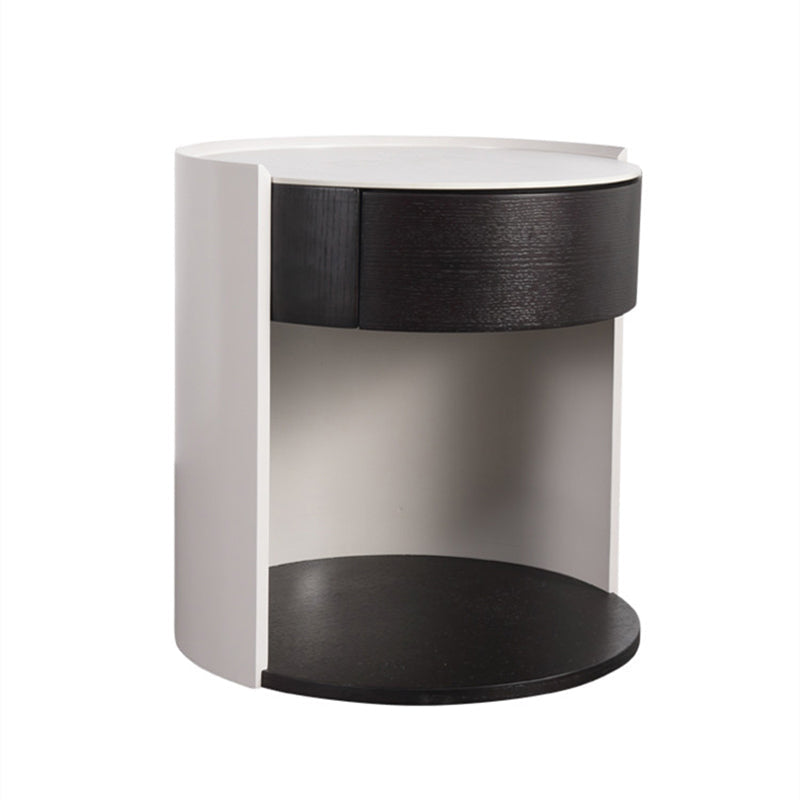 Modern Luxury Round Veneered Nightstand with Solid Wood Texture – Curved Bedside Table with One Drawer for Bedroom