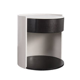 Modern Luxury Round Veneered Nightstand with Solid Wood Texture – Curved Bedside Table with One Drawer for Bedroom
