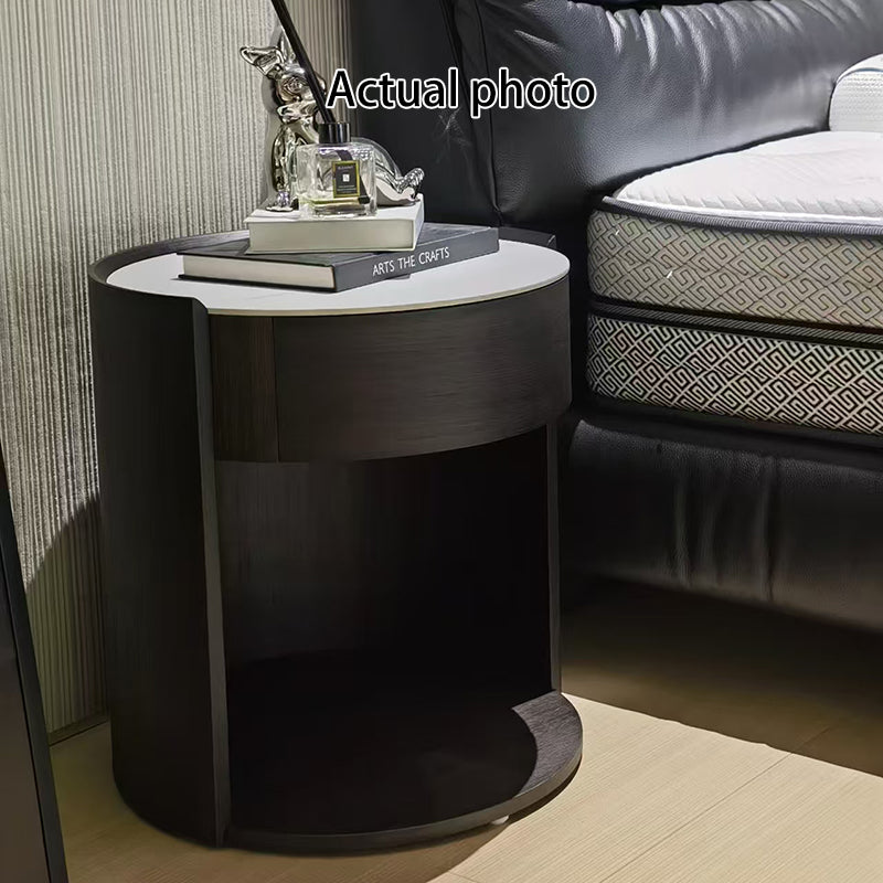 Modern Luxury Round Veneered Nightstand with Solid Wood Texture – Curved Bedside Table with One Drawer for Bedroom