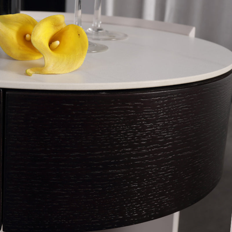 Modern Luxury Round Veneered Nightstand with Solid Wood Texture – Curved Bedside Table with One Drawer for Bedroom