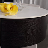 Modern Luxury Round Veneered Nightstand with Solid Wood Texture – Curved Bedside Table with One Drawer for Bedroom