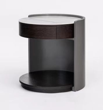 Modern Luxury Round Veneered Nightstand with Solid Wood Texture – Curved Bedside Table with One Drawer for Bedroom