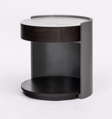 Modern Luxury Round Veneered Nightstand with Solid Wood Texture – Curved Bedside Table with One Drawer for Bedroom