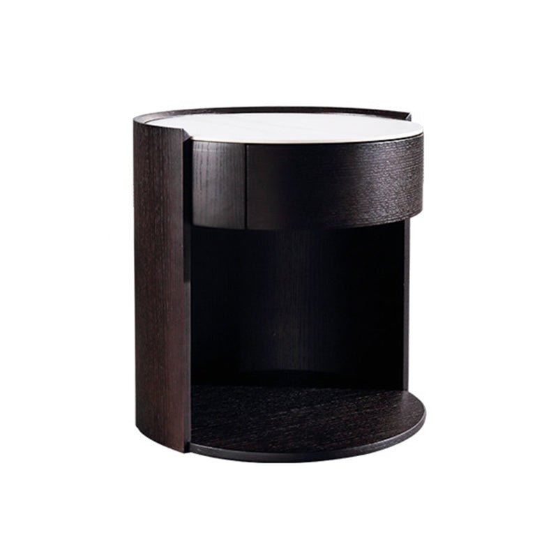 Modern Luxury Round Veneered Nightstand with Solid Wood Texture – Curved Bedside Table with One Drawer for Bedroom