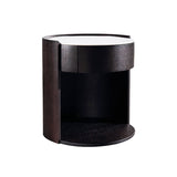 Modern Luxury Round Veneered Nightstand with Solid Wood Texture – Curved Bedside Table with One Drawer for Bedroom