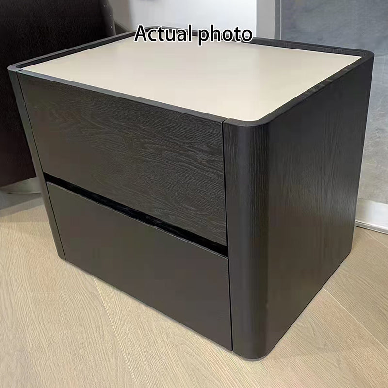 Modern Black Minimalist Two-Drawer Nightstand – Sleek Rectangular Bedside Table with Efficient Bedroom Storage