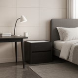 Modern Black Minimalist Two-Drawer Nightstand – Sleek Rectangular Bedside Table with Efficient Bedroom Storage