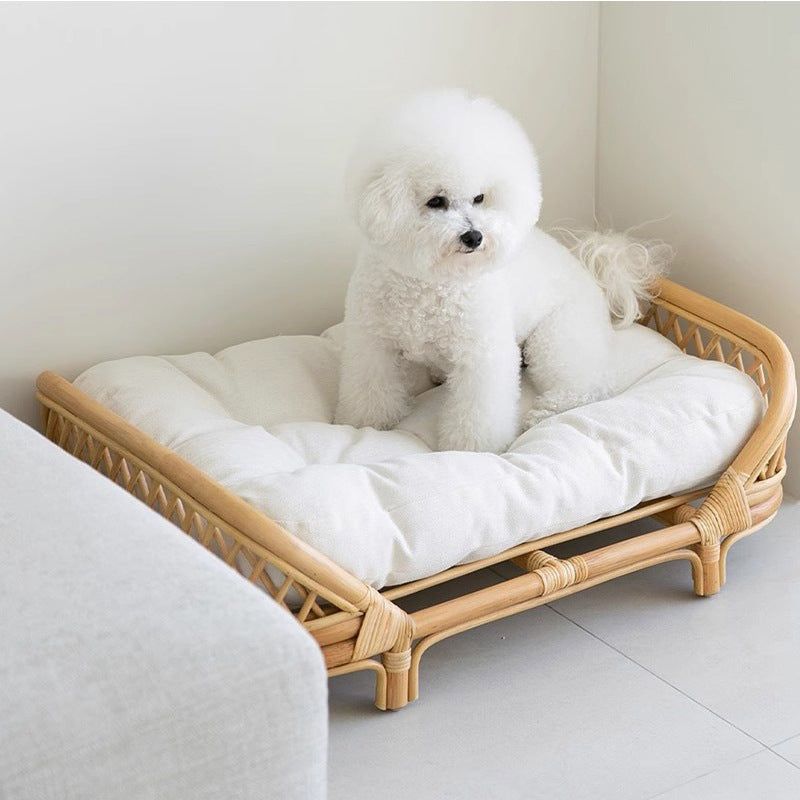 Traditional Farmhouse Rectangular Cat Bed with Handwoven Indonesian Rattan Fabric, Perfect for the Bedroom