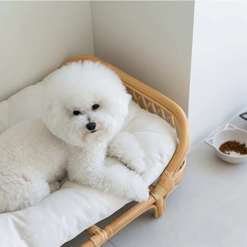 Traditional Farmhouse Rectangular Cat Bed with Handwoven Indonesian Rattan Fabric, Perfect for the Bedroom