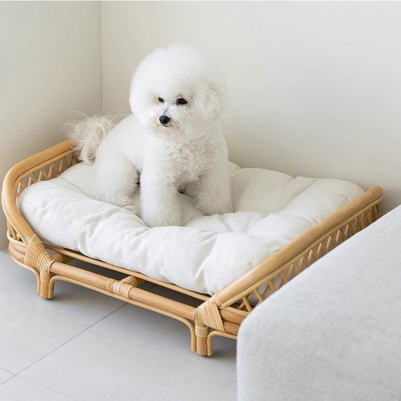 Traditional Farmhouse Rectangular Cat Bed with Handwoven Indonesian Rattan Fabric, Perfect for the Bedroom