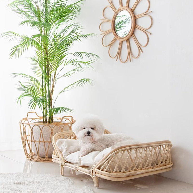 Traditional Farmhouse Rectangular Cat Bed with Handwoven Indonesian Rattan Fabric, Perfect for the Bedroom