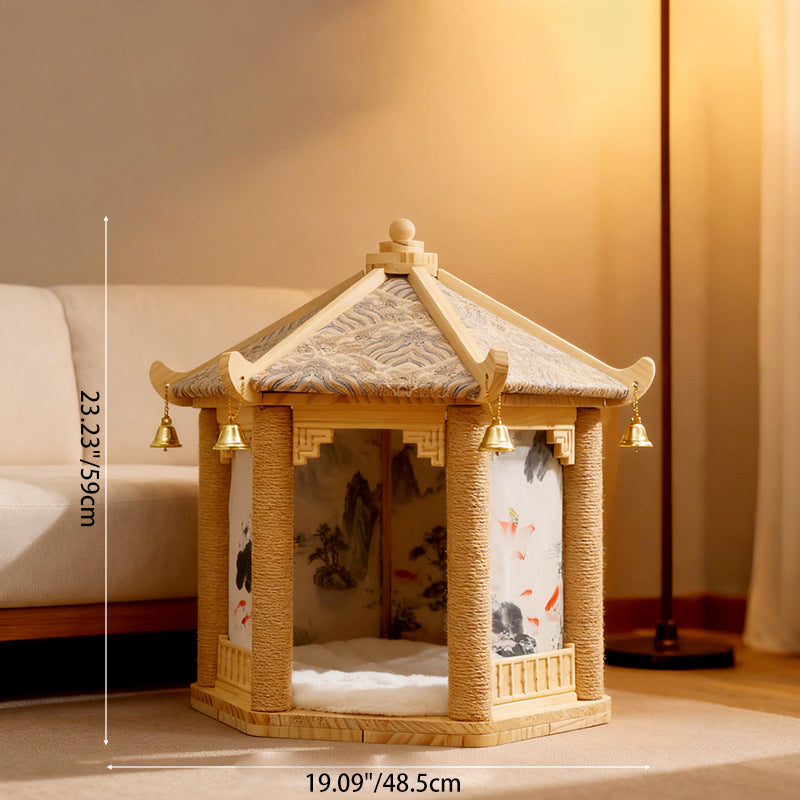 Traditional Chinese Hexagonal Solid Pine Cat Tree with Fabric & Sisal — Pavilion Design for Bedroom & Living Room