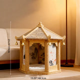 Traditional Chinese Hexagonal Solid Pine Cat Tree with Fabric & Sisal — Pavilion Design for Bedroom & Living Room