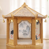 Traditional Chinese Hexagonal Solid Pine Cat Tree with Fabric & Sisal — Pavilion Design for Bedroom & Living Room