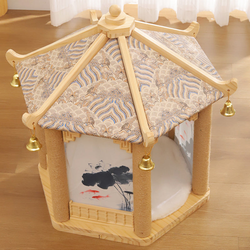 Traditional Chinese Hexagonal Solid Pine Cat Tree with Fabric & Sisal — Pavilion Design for Bedroom & Living Room
