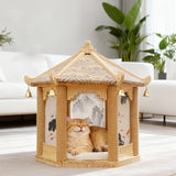 Traditional Chinese Hexagonal Solid Pine Cat Tree with Fabric & Sisal — Pavilion Design for Bedroom & Living Room