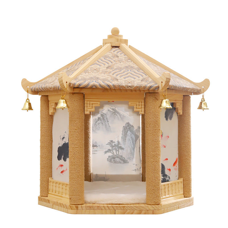 Traditional Chinese Hexagonal Solid Pine Cat Tree with Fabric & Sisal — Pavilion Design for Bedroom & Living Room