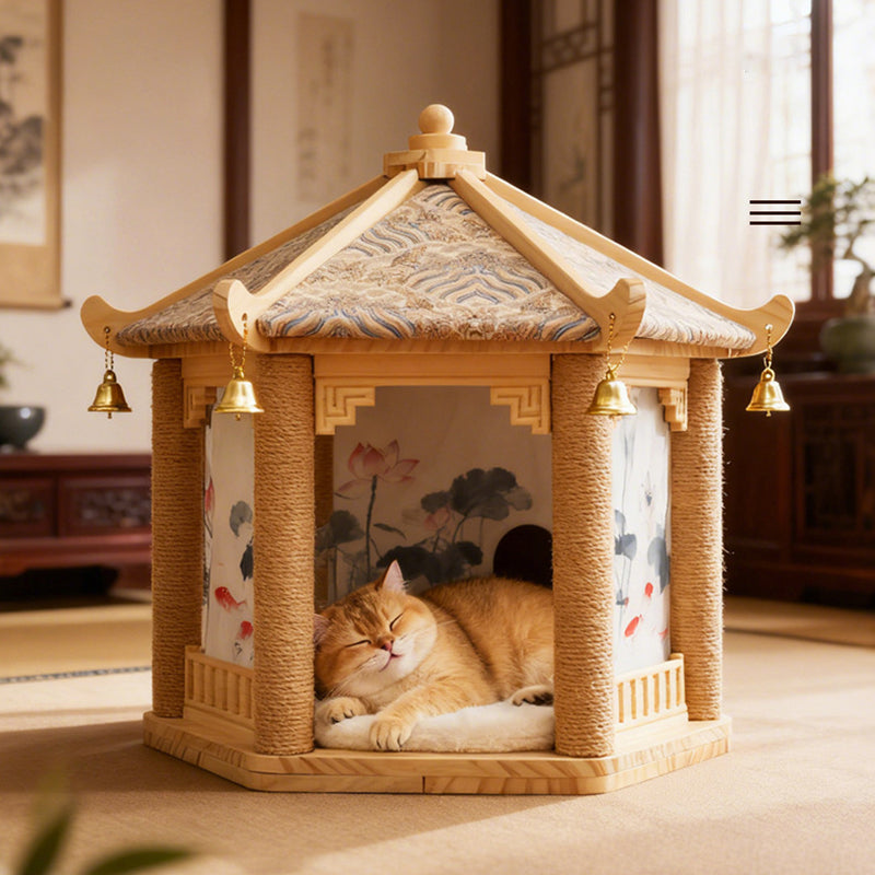 Traditional Chinese Hexagonal Solid Pine Cat Tree with Fabric & Sisal — Pavilion Design for Bedroom & Living Room