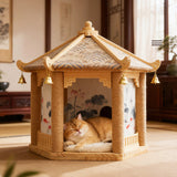 Traditional Chinese Hexagonal Solid Pine Cat Tree with Fabric & Sisal — Pavilion Design for Bedroom & Living Room