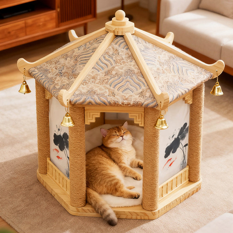 Traditional Chinese Hexagonal Solid Pine Cat Tree with Fabric & Sisal — Pavilion Design for Bedroom & Living Room