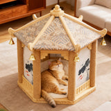 Traditional Chinese Hexagonal Solid Pine Cat Tree with Fabric & Sisal — Pavilion Design for Bedroom & Living Room