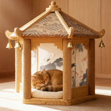 Traditional Chinese Hexagonal Solid Pine Cat Tree with Fabric & Sisal — Pavilion Design for Bedroom & Living Room