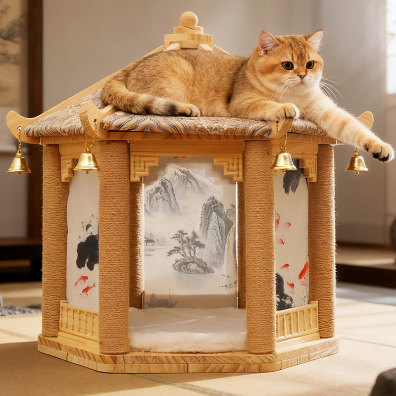 Traditional Chinese Hexagonal Solid Pine Cat Tree with Fabric & Sisal — Pavilion Design for Bedroom & Living Room