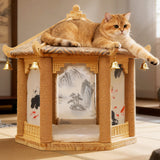 Traditional Chinese Hexagonal Solid Pine Cat Tree with Fabric & Sisal — Pavilion Design for Bedroom & Living Room