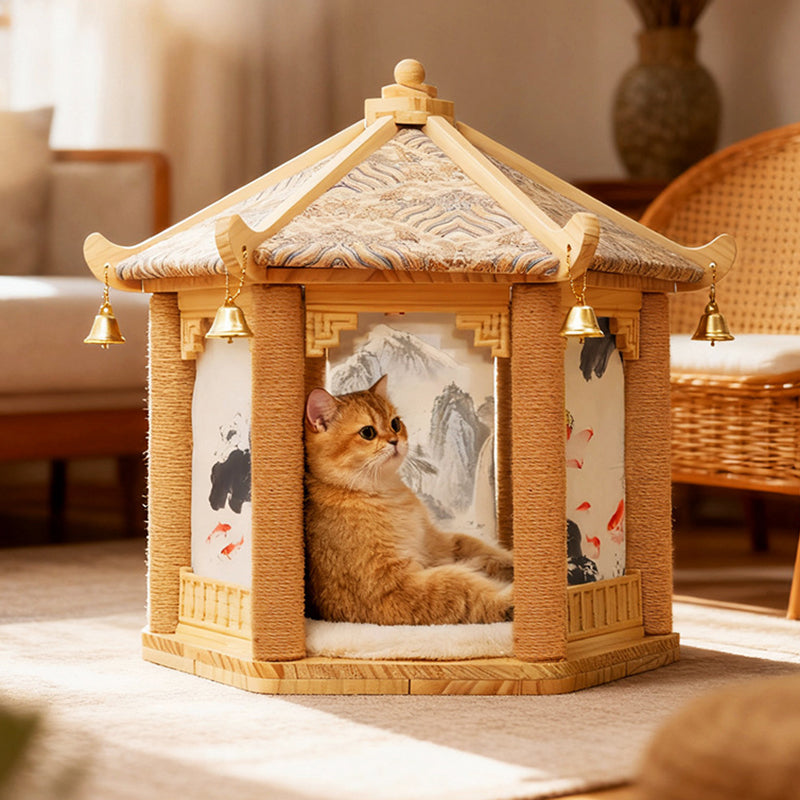 Traditional Chinese Hexagonal Solid Pine Cat Tree with Fabric & Sisal — Pavilion Design for Bedroom & Living Room