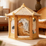 Traditional Chinese Hexagonal Solid Pine Cat Tree with Fabric & Sisal — Pavilion Design for Bedroom & Living Room
