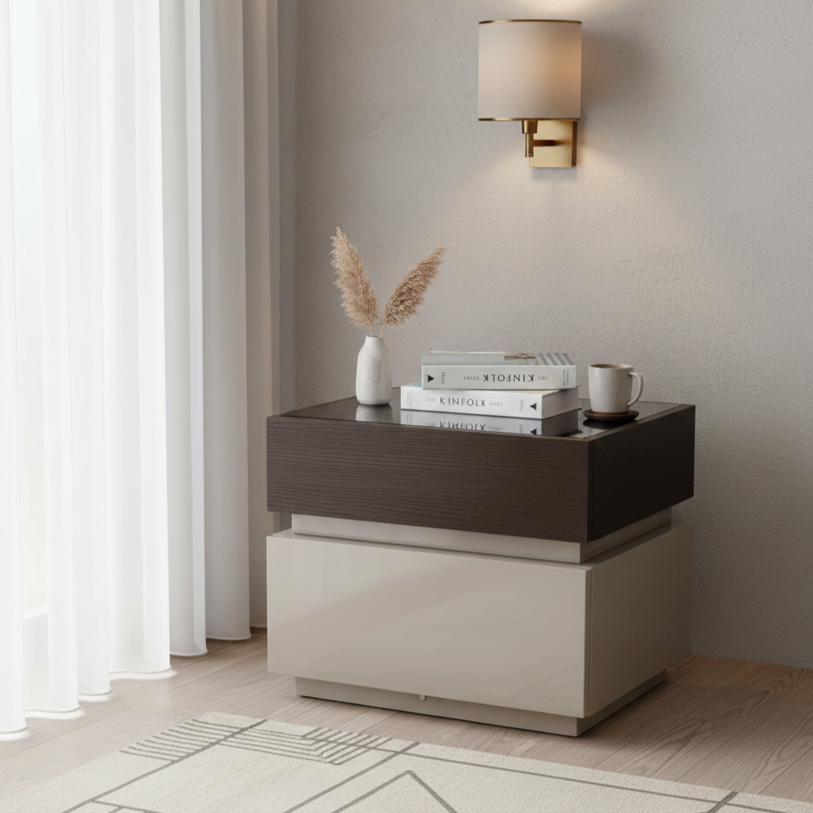 Sleek Modern Minimalist Nightstand with Dual Drawers – Black & White Contrast, Sensor Light, Smart Bedside Table for Bedroom