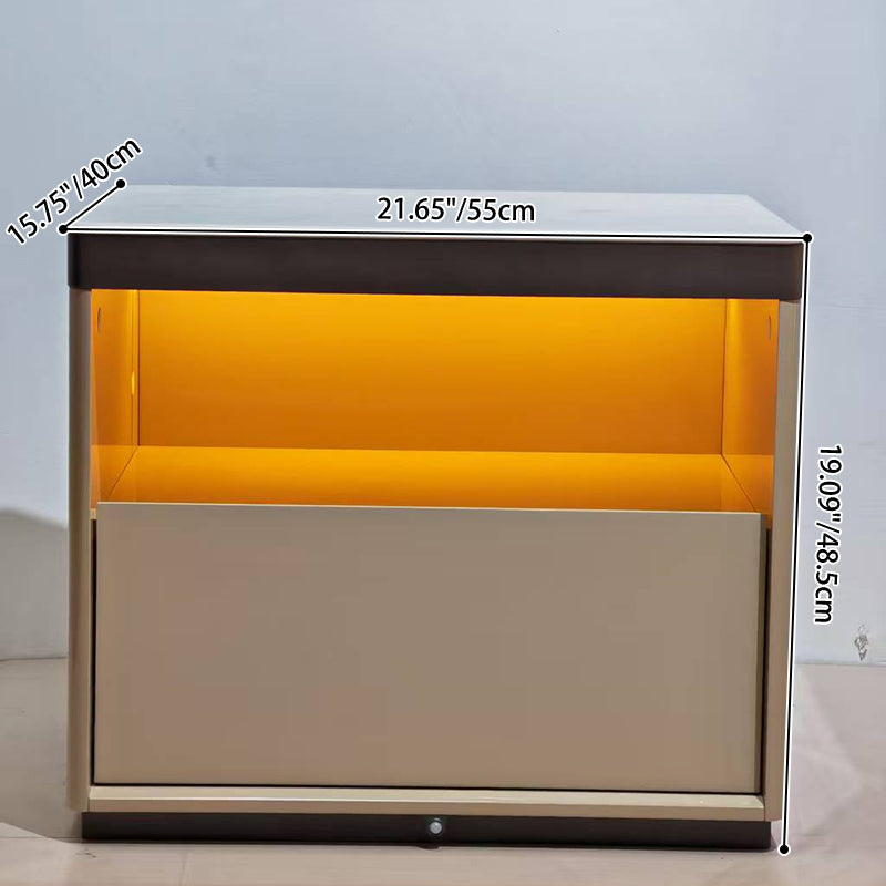 Sleek Off-White Nightstand with Marble Top and Motion-Sensor Light — Modern Minimalist Bedside Table with Quiet Single Drawer for the Bedroom